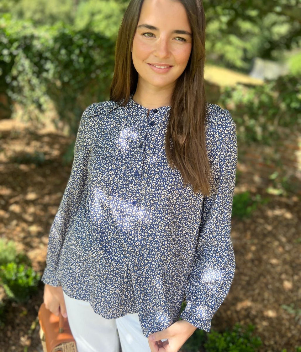 Navy Floral Print Popover Blouse