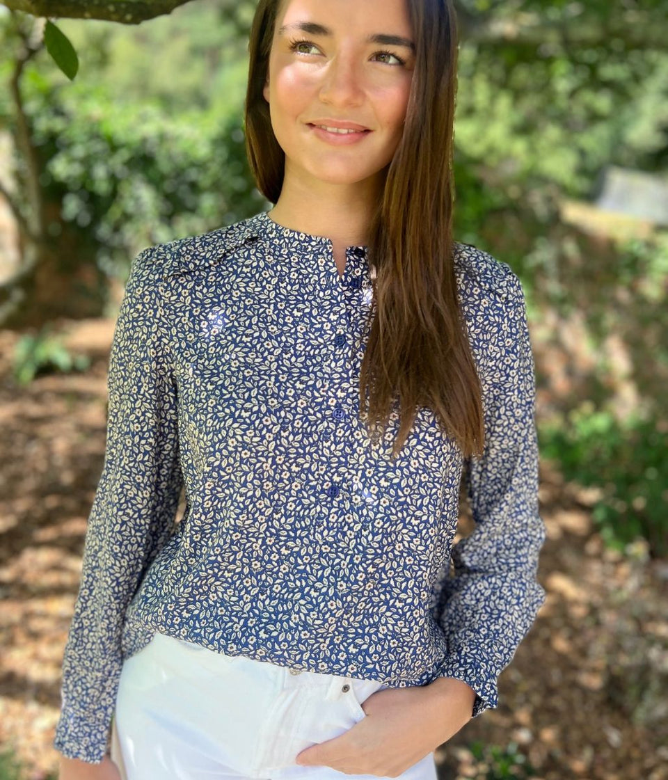 Navy Floral Print Popover Blouse