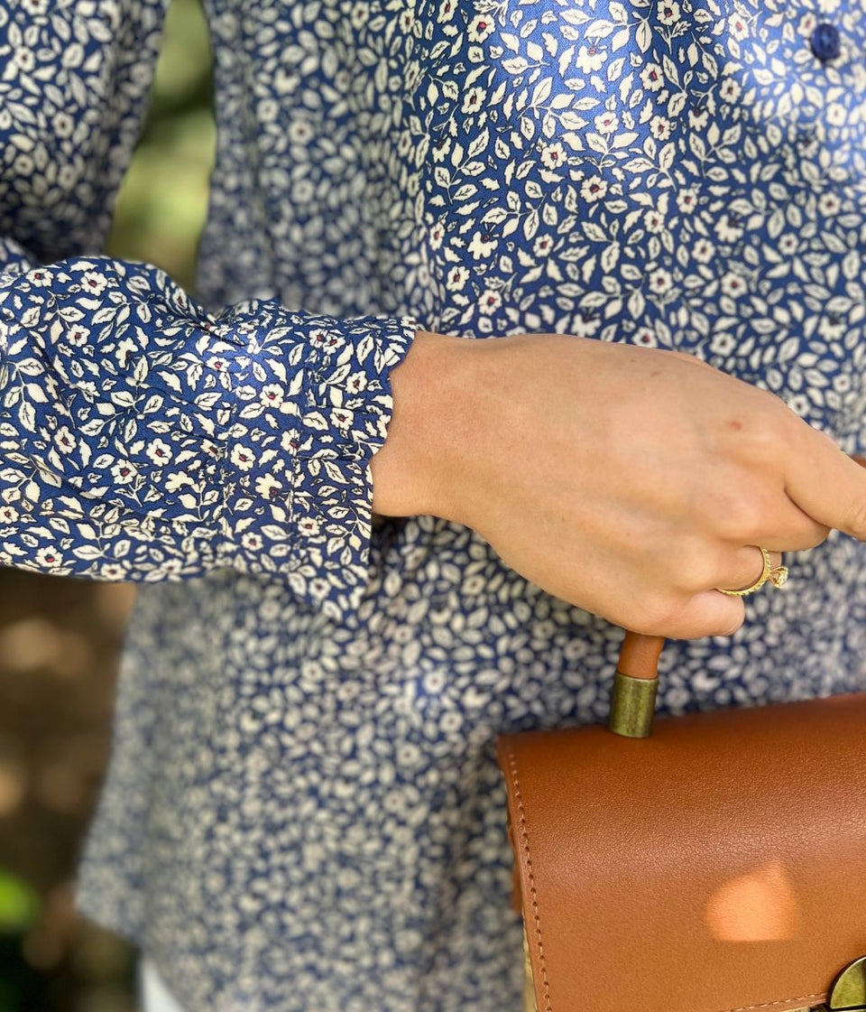 Navy Floral Print Popover Blouse