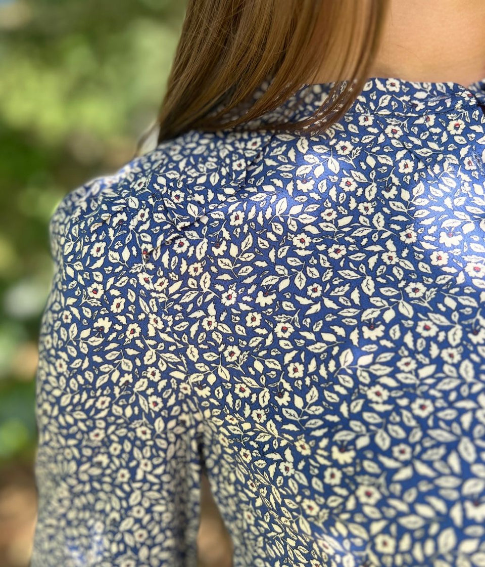 Navy Floral Print Popover Blouse
