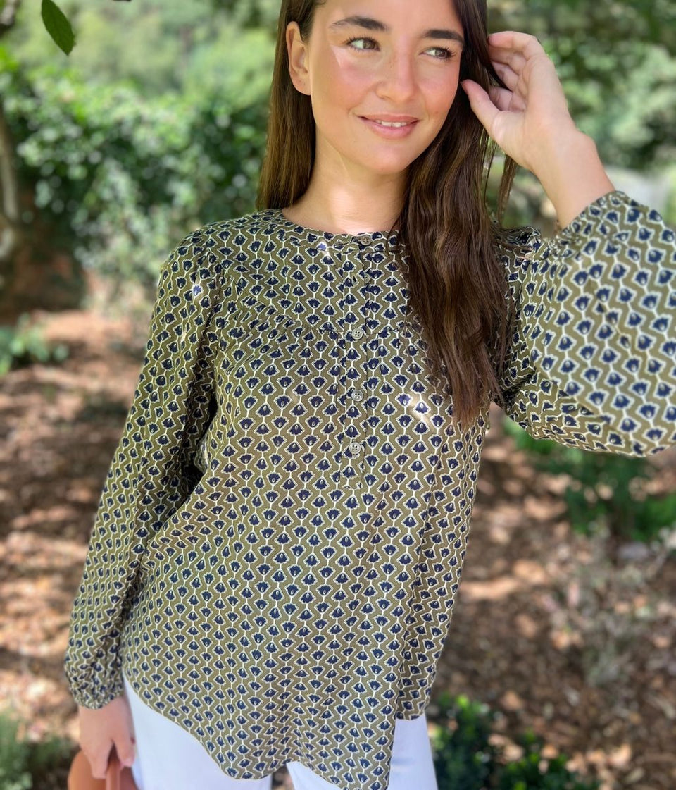 Green Printed Popover Blouse
