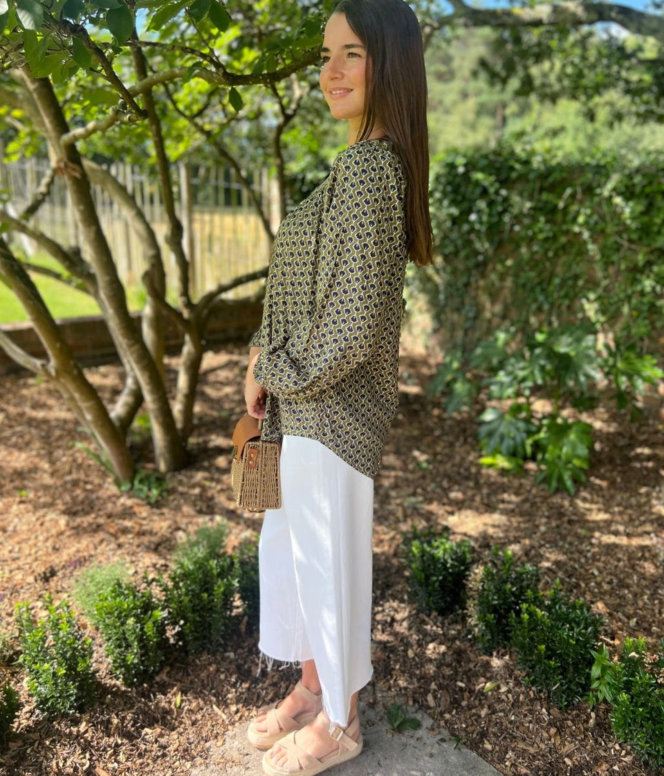 Green Printed Popover Blouse