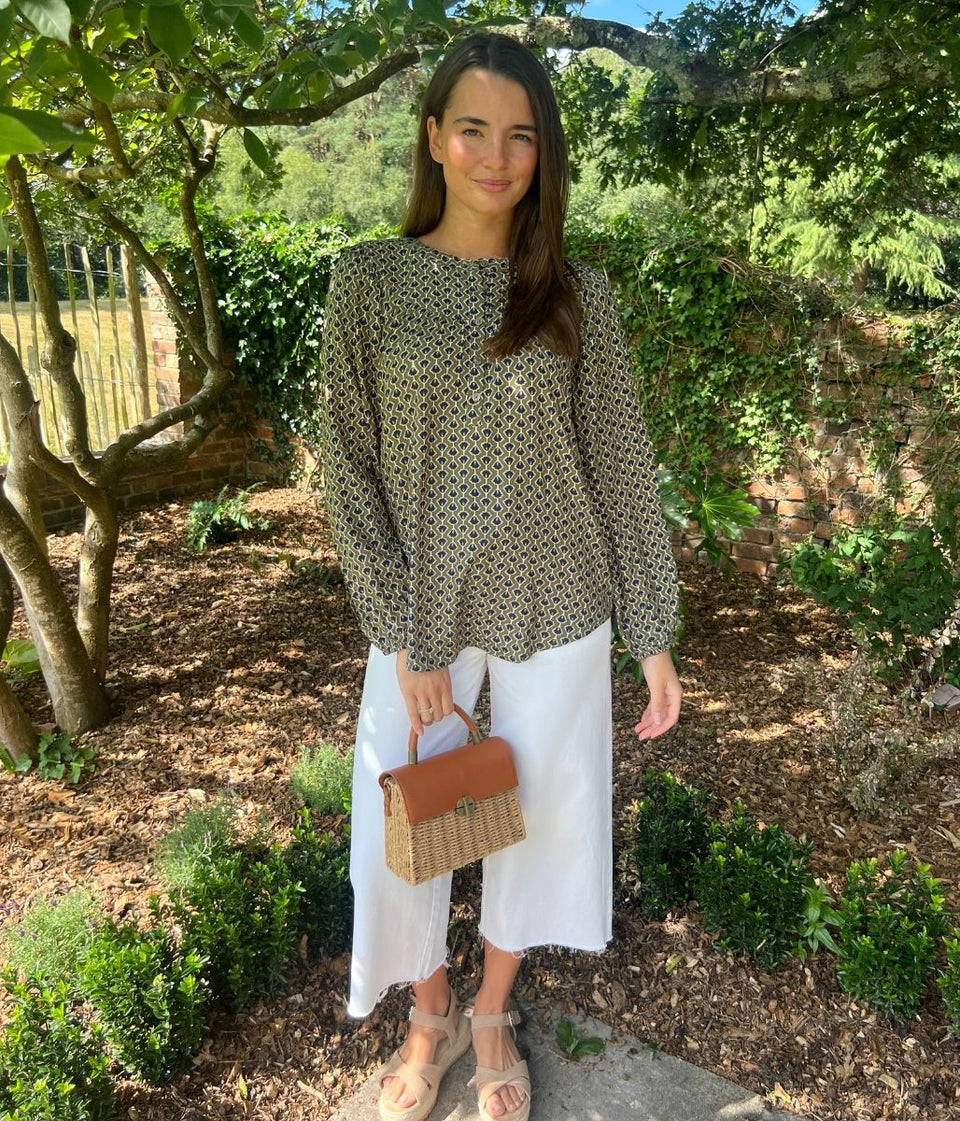 Green Printed Popover Blouse