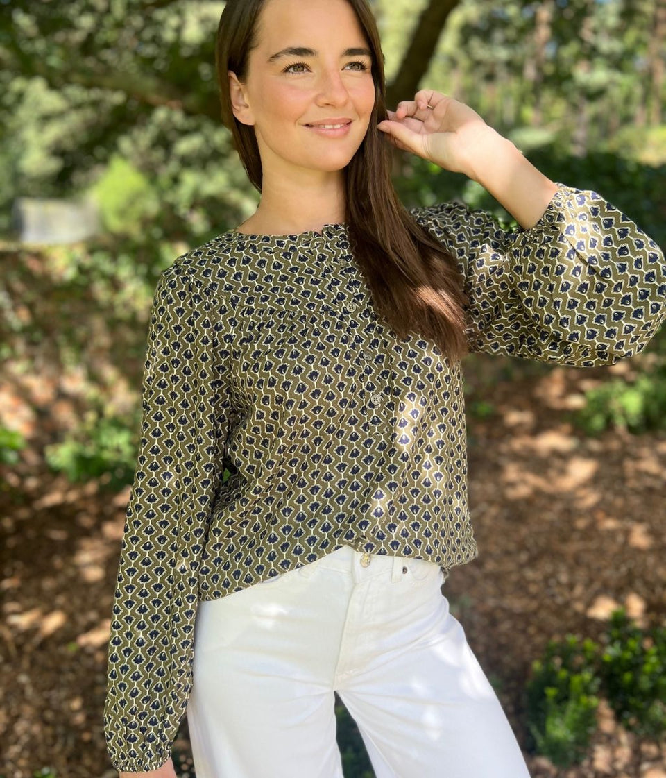 Green Printed Popover Blouse