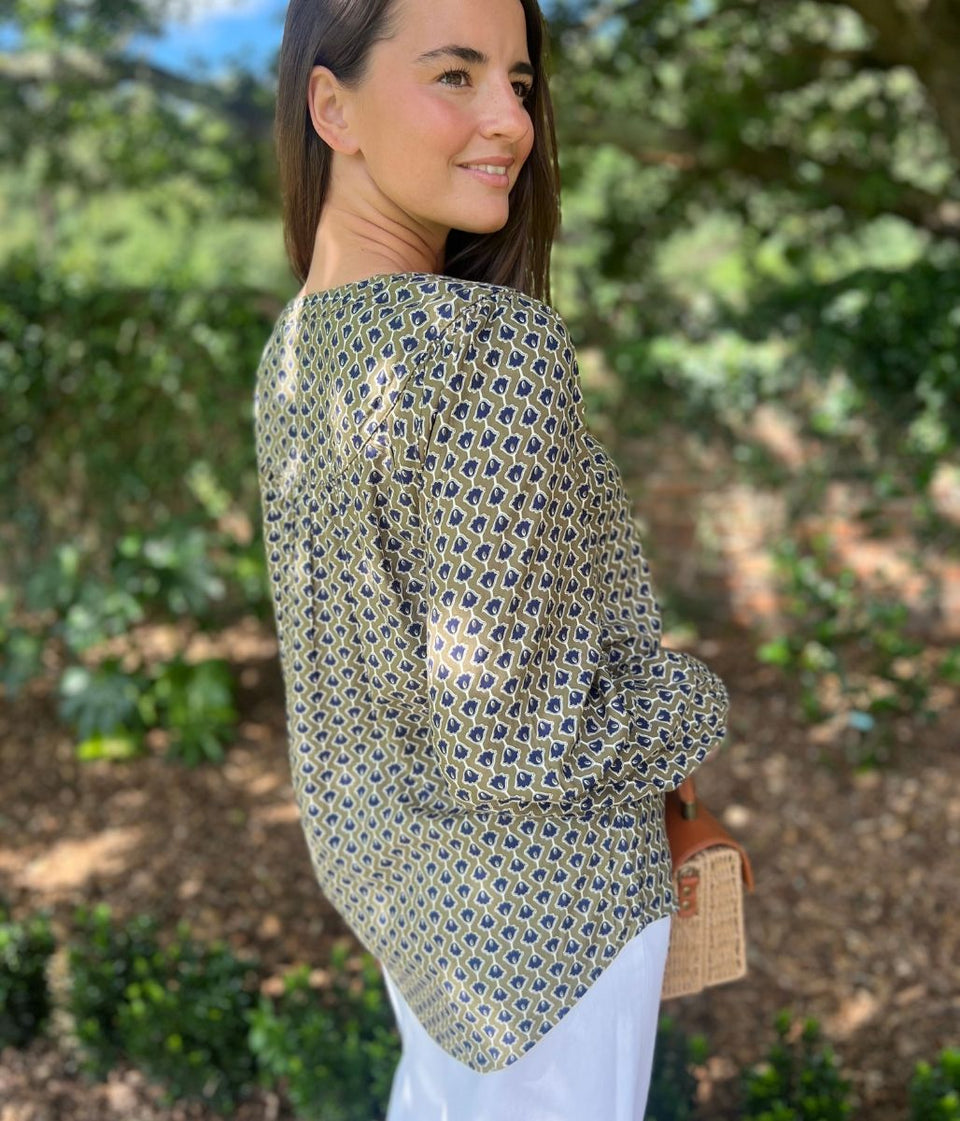 Green Printed Popover Blouse