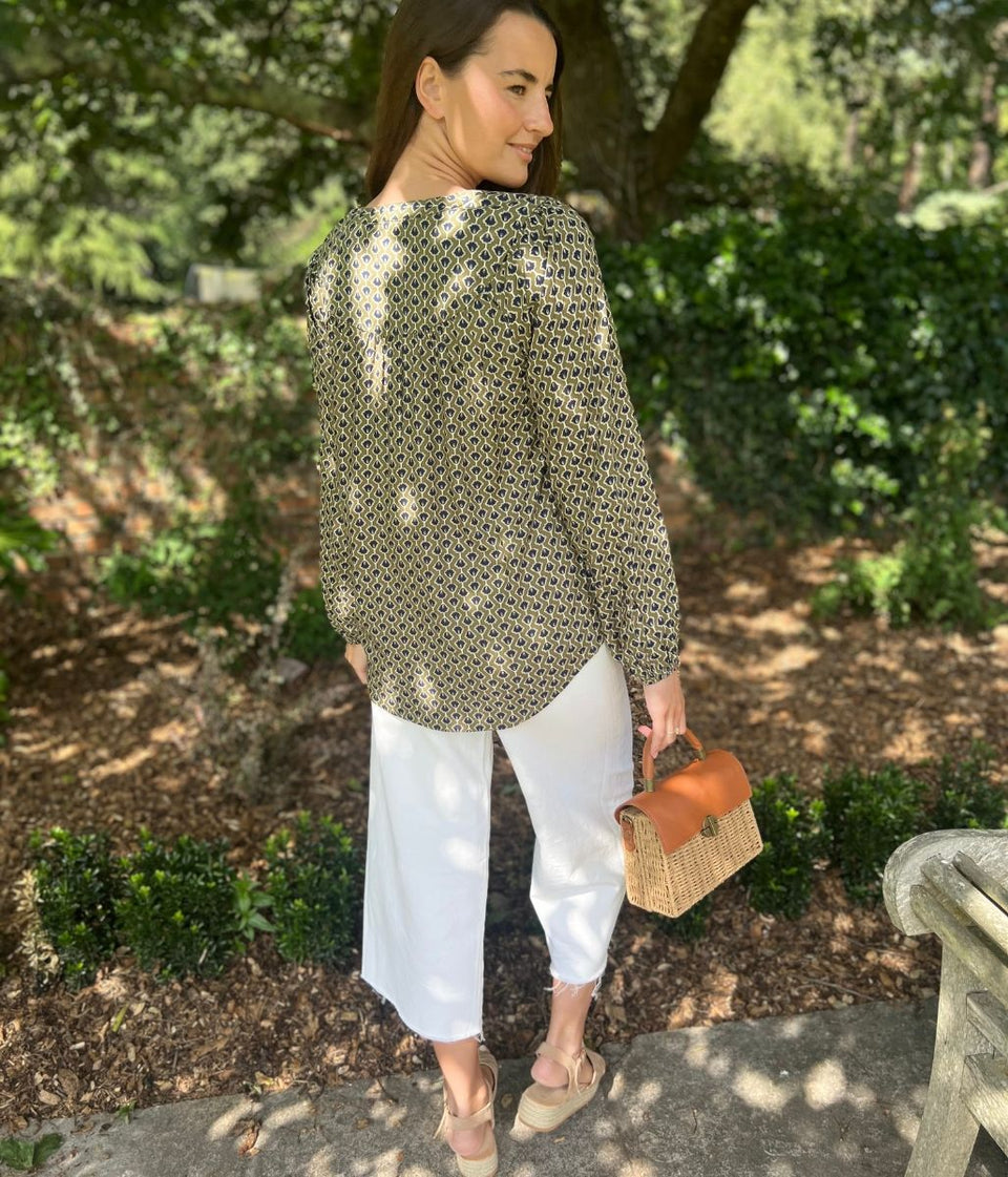 Green Printed Popover Blouse