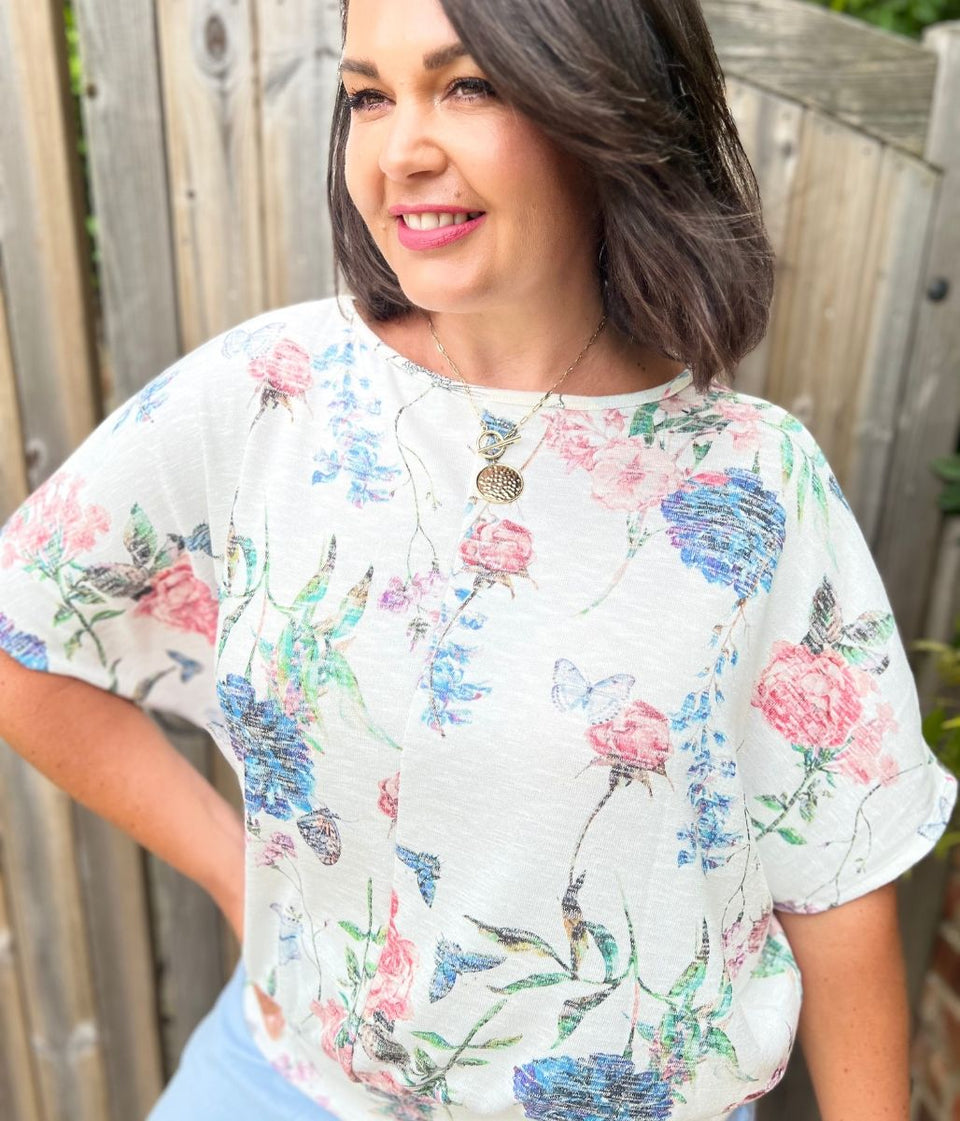 Ivory Floral Banded Hem Top