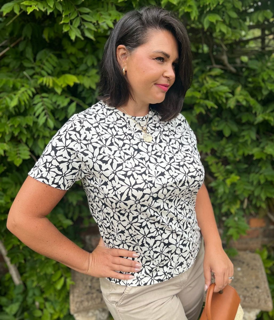 Black Flower Print Straight Fit Cotton Tee