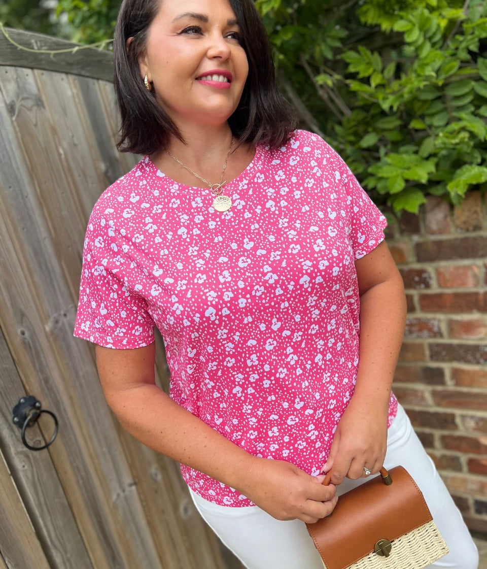 Pink Flower Print Straight Fit Cotton Tee