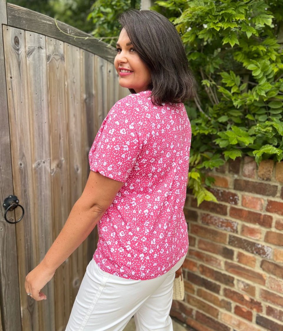 Pink Flower Print Straight Fit Cotton Tee