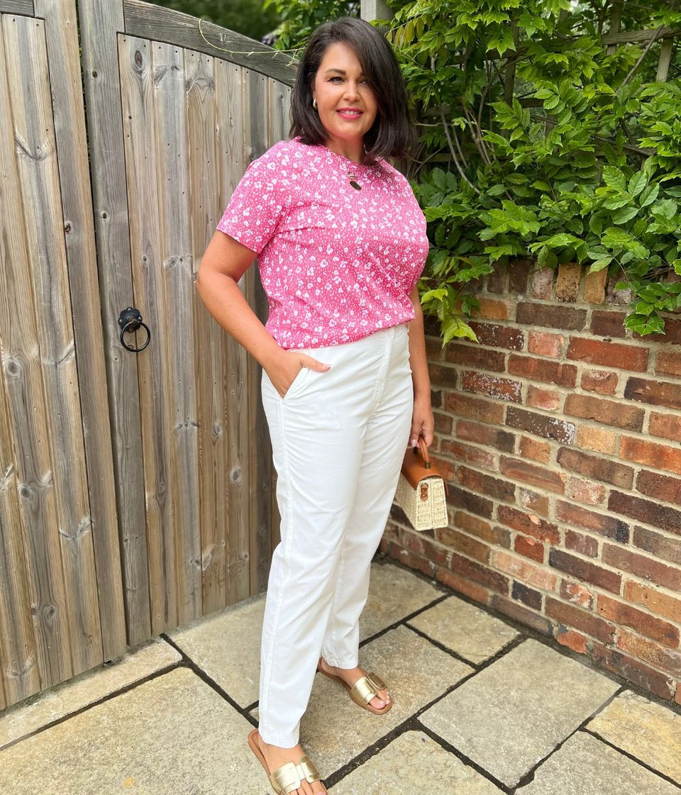 Pink Flower Print Straight Fit Cotton Tee