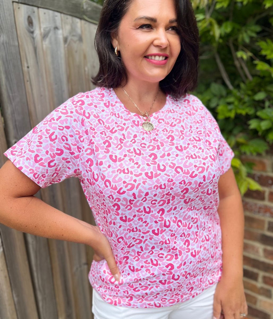 Pink Animal Print Straight Fit Cotton Tee