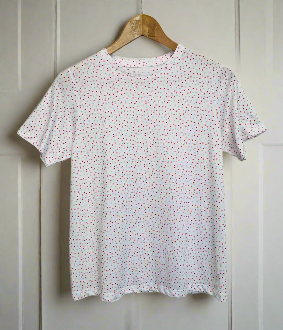 White Spotted Print Straight Fit Cotton Tee