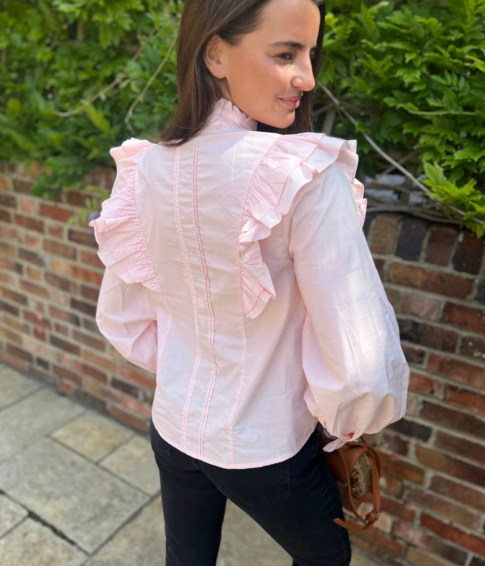 Pink Ruffle Broderie Puff Sleeve Blouse