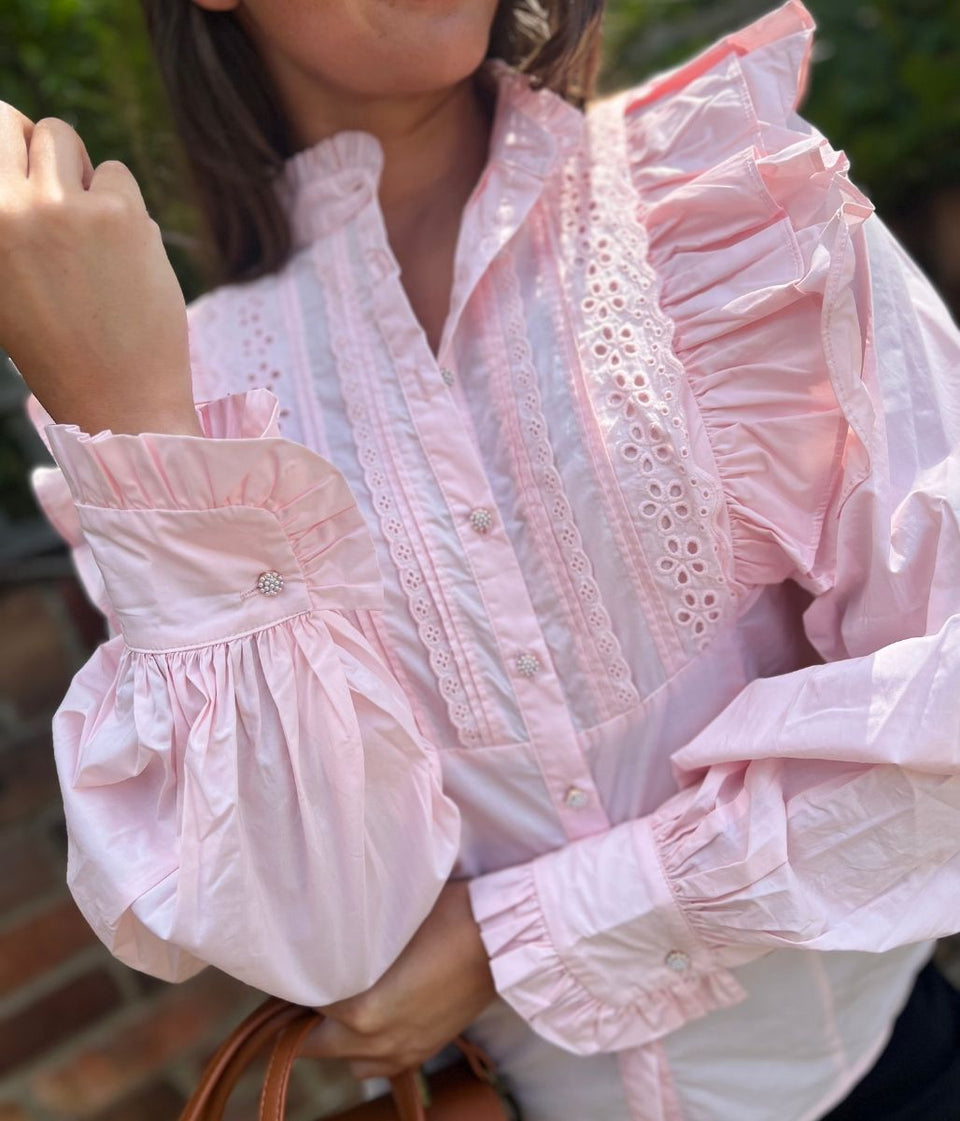 Pink Ruffle Broderie Puff Sleeve Blouse