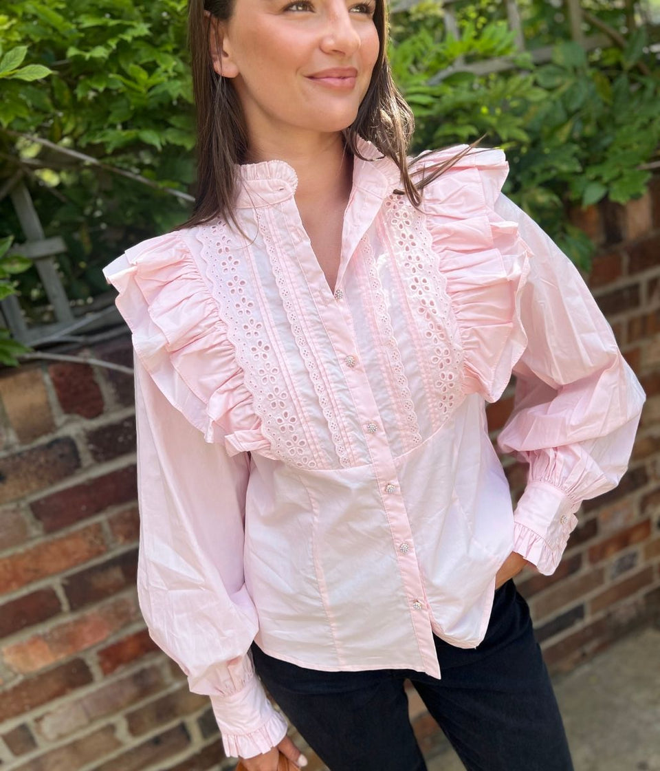 Pink Ruffle Broderie Puff Sleeve Blouse