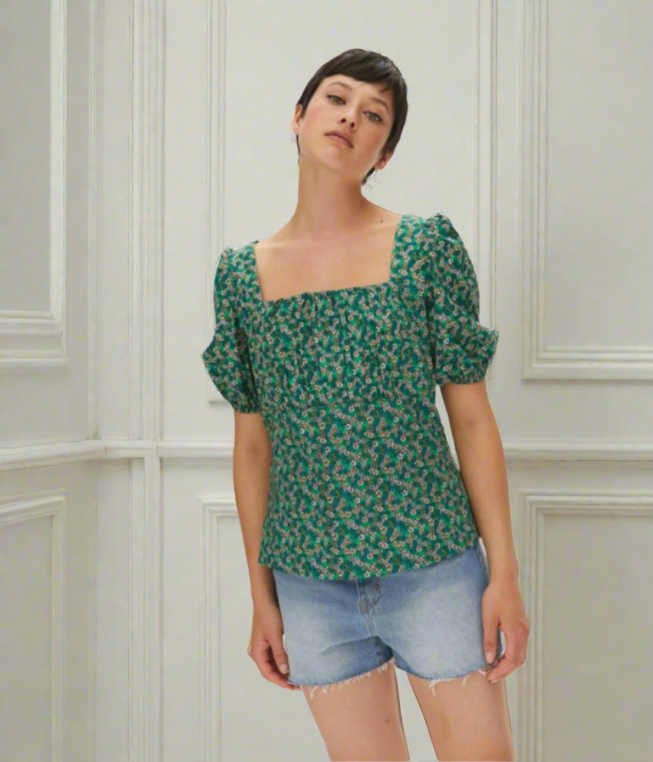 Micro Ditsy Floral Print Green Blouse