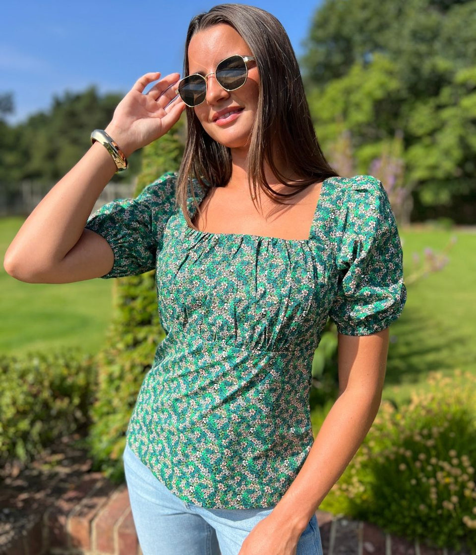 Micro Ditsy Floral Print Green Blouse