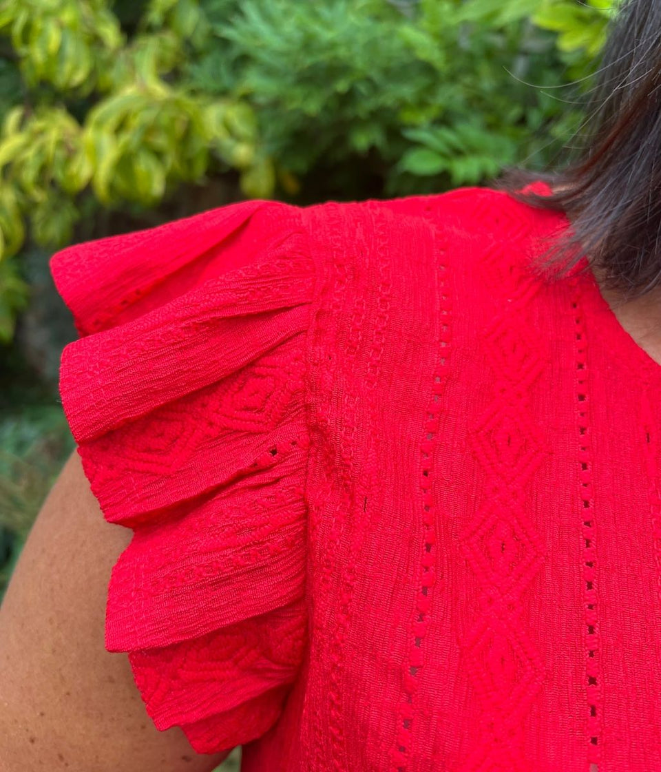 Red Frill Sleeve Broderie Anglaise Top