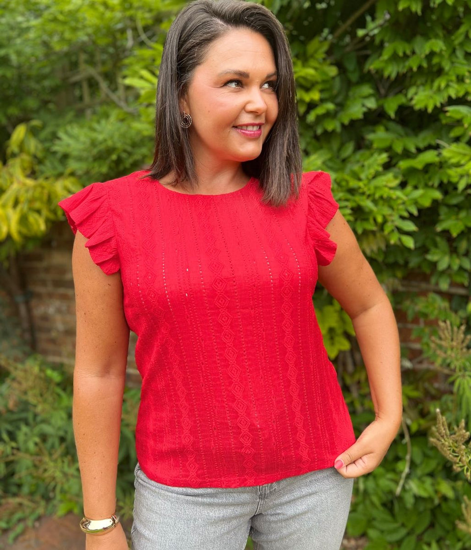Red Frill Sleeve Broderie Anglaise Top