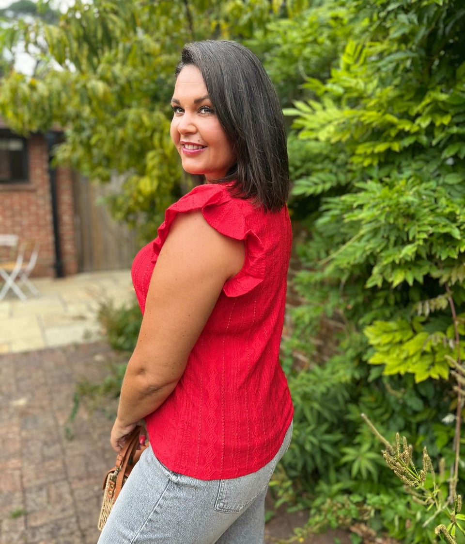 Red Frill Sleeve Broderie Anglaise Top