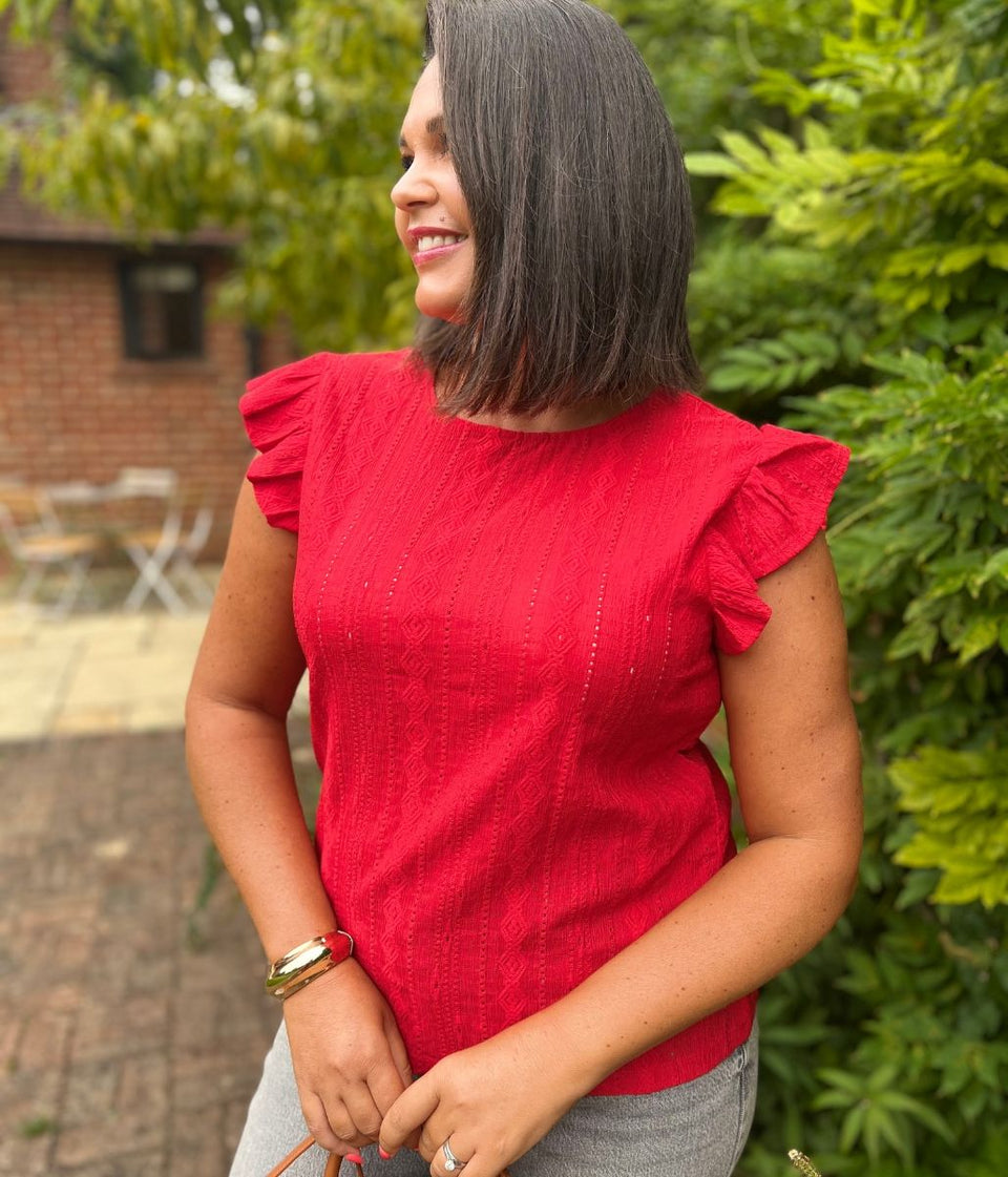 Red Frill Sleeve Broderie Anglaise Top