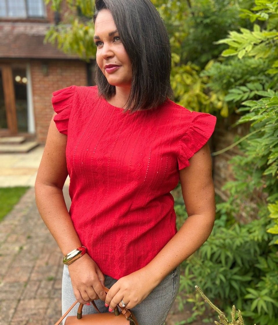 Red Frill Sleeve Broderie Anglaise Top