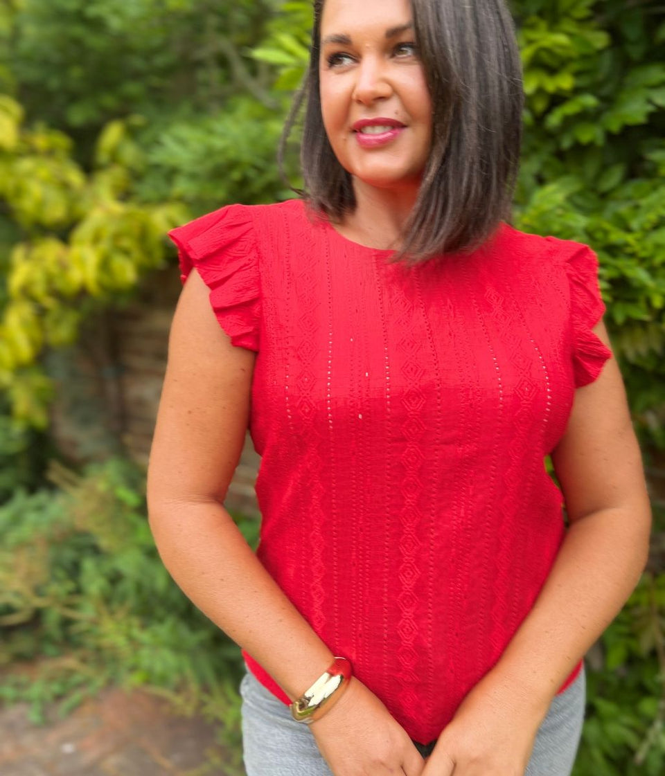 Red Frill Sleeve Broderie Anglaise Top