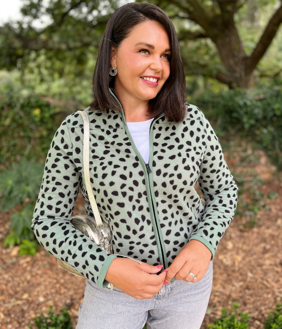 Green Leopard Print Soft Full Zip Fleece