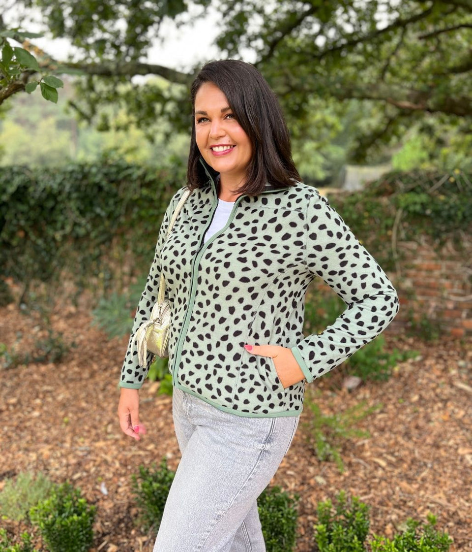 Green Leopard Print Soft Full Zip Fleece
