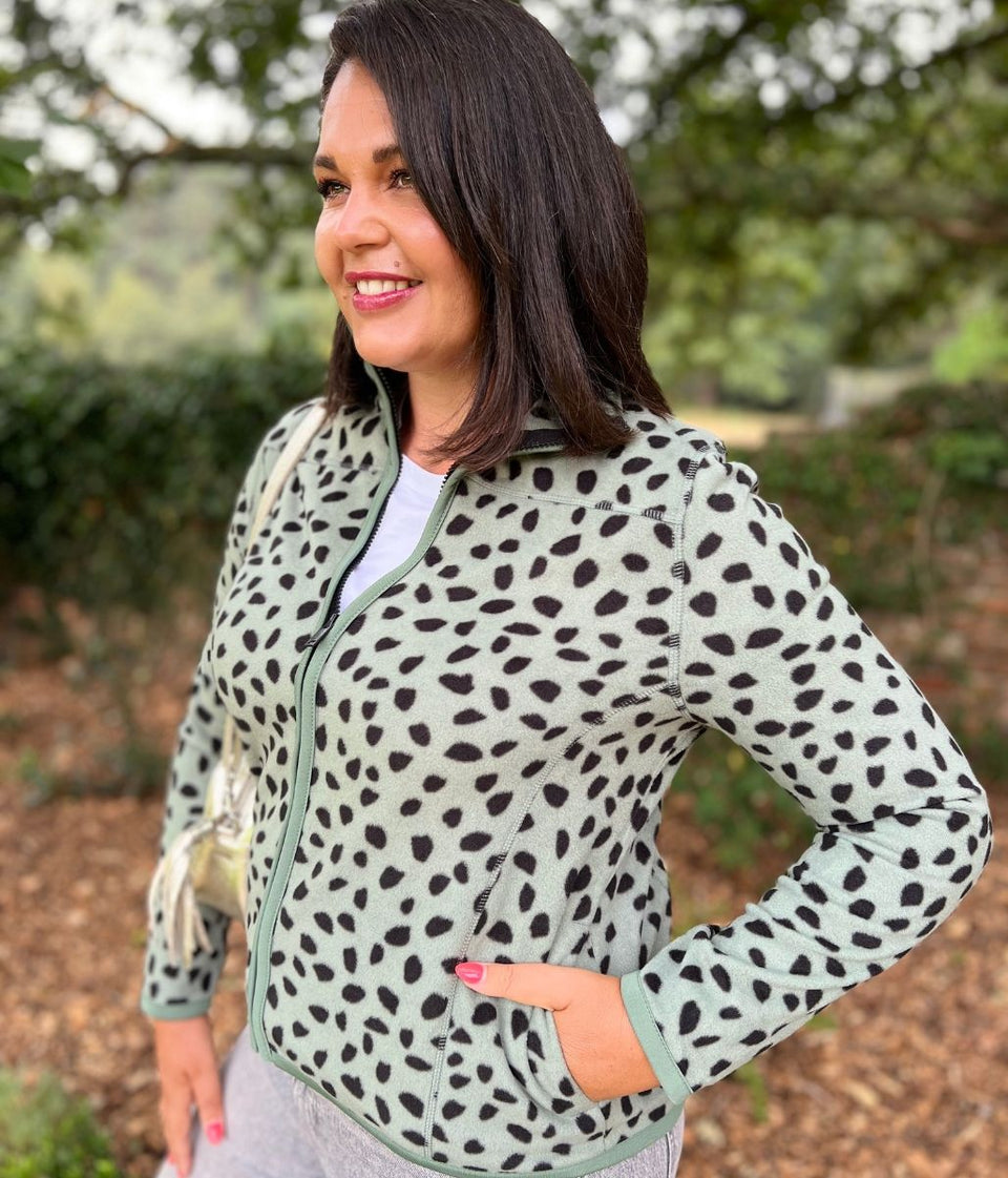 Green Leopard Print Soft Full Zip Fleece