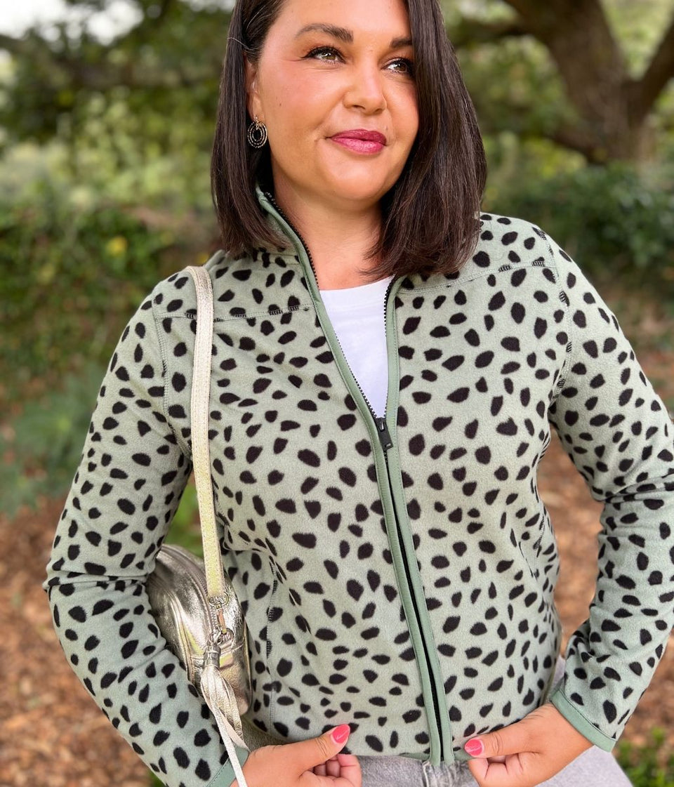 Green Leopard Print Soft Full Zip Fleece