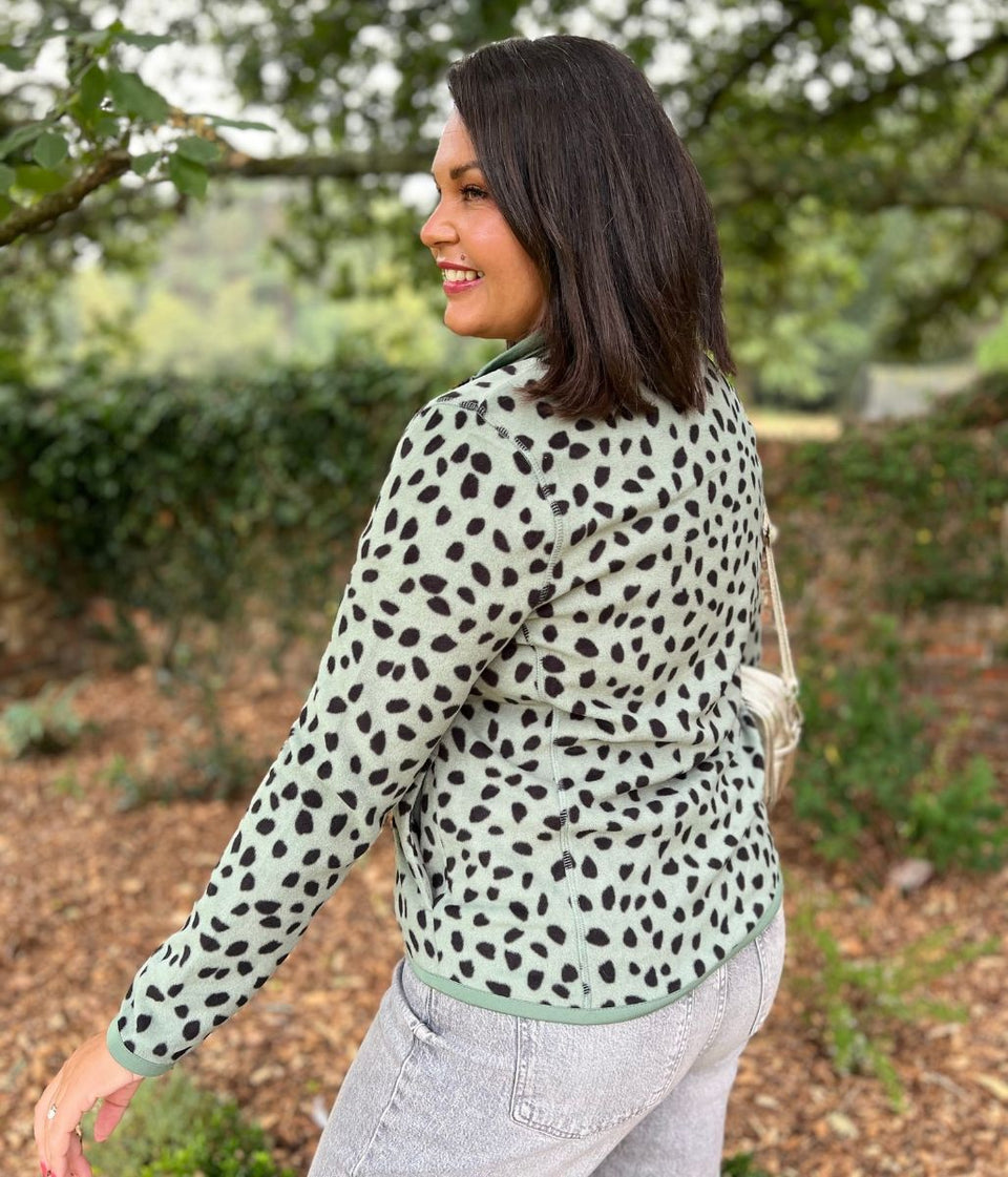 Green Leopard Print Soft Full Zip Fleece