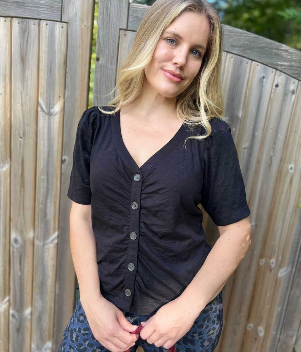 Black Button Through Ruched Top