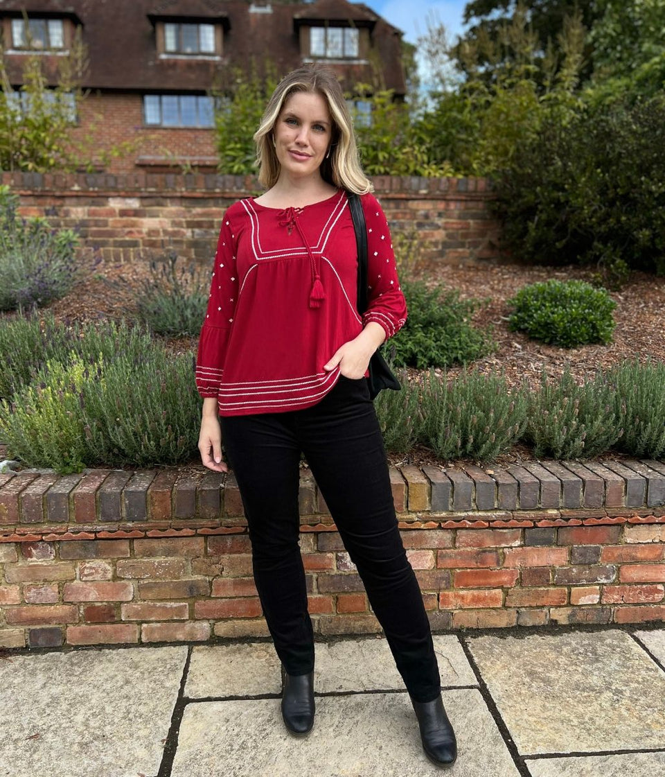 Red Embroidered Long Sleeve Boho Blouse