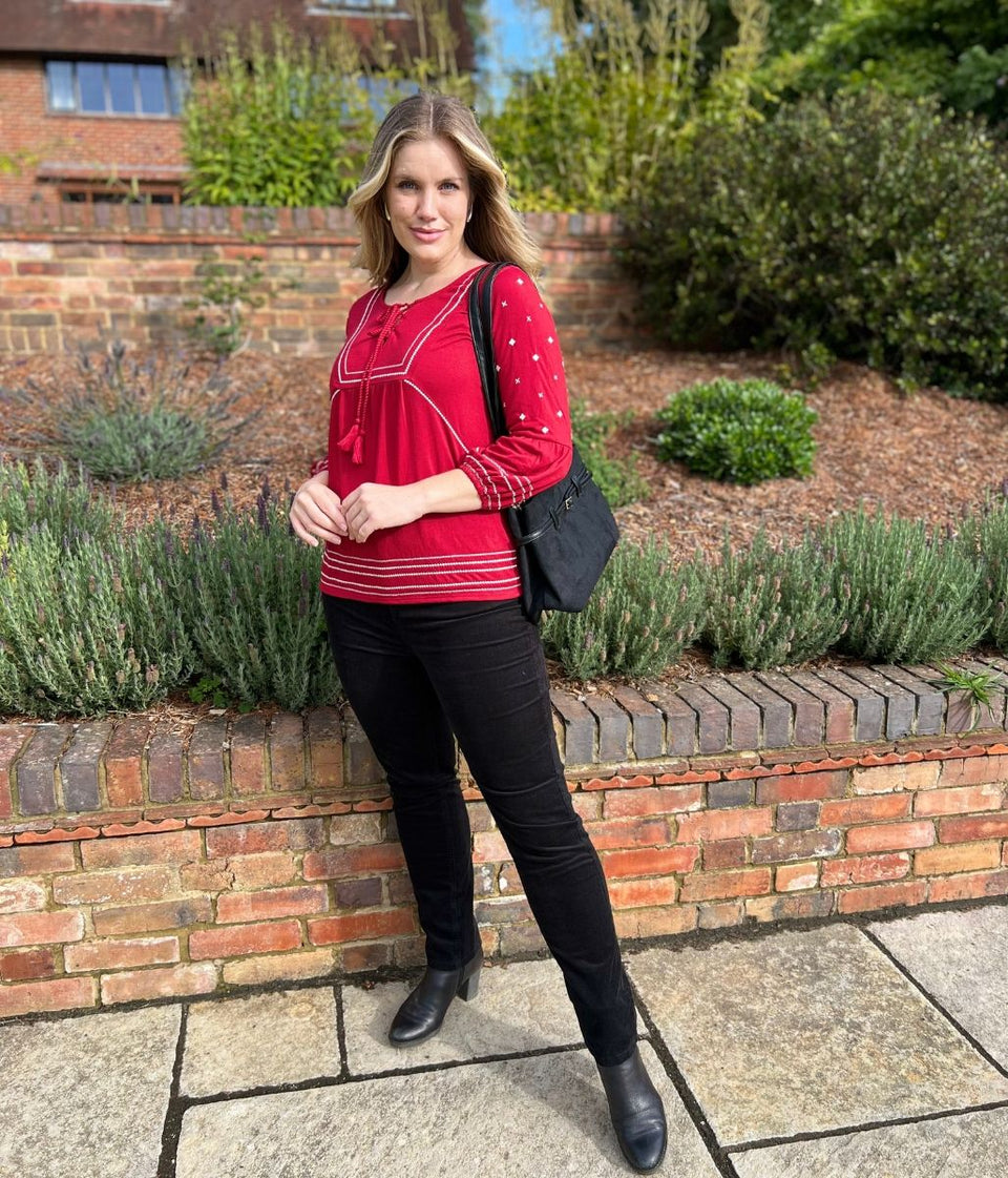 Red Embroidered Long Sleeve Boho Blouse