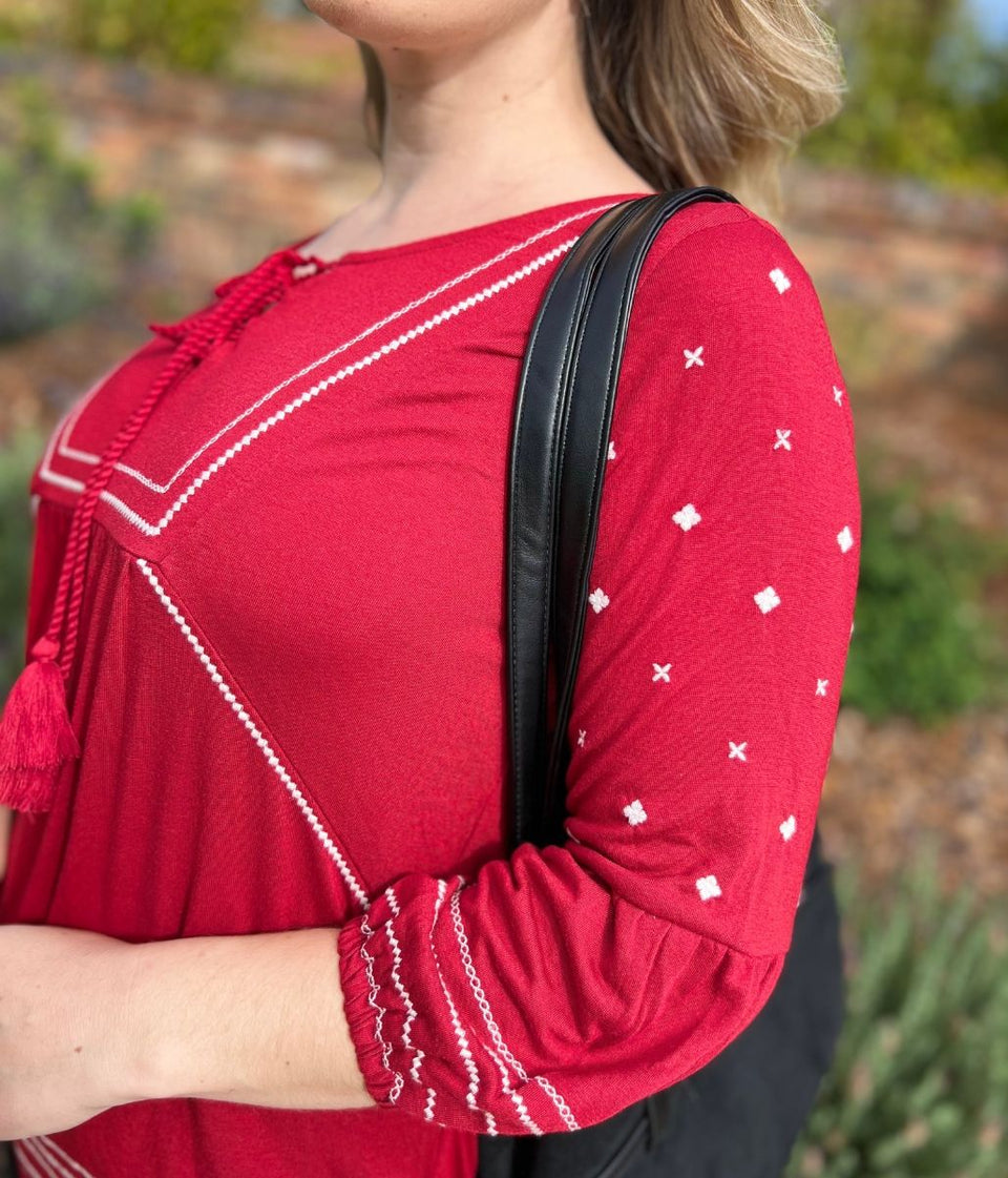 Red Embroidered Long Sleeve Boho Blouse