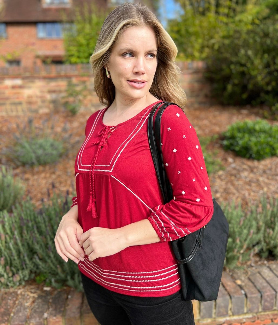 Red Embroidered Long Sleeve Boho Blouse