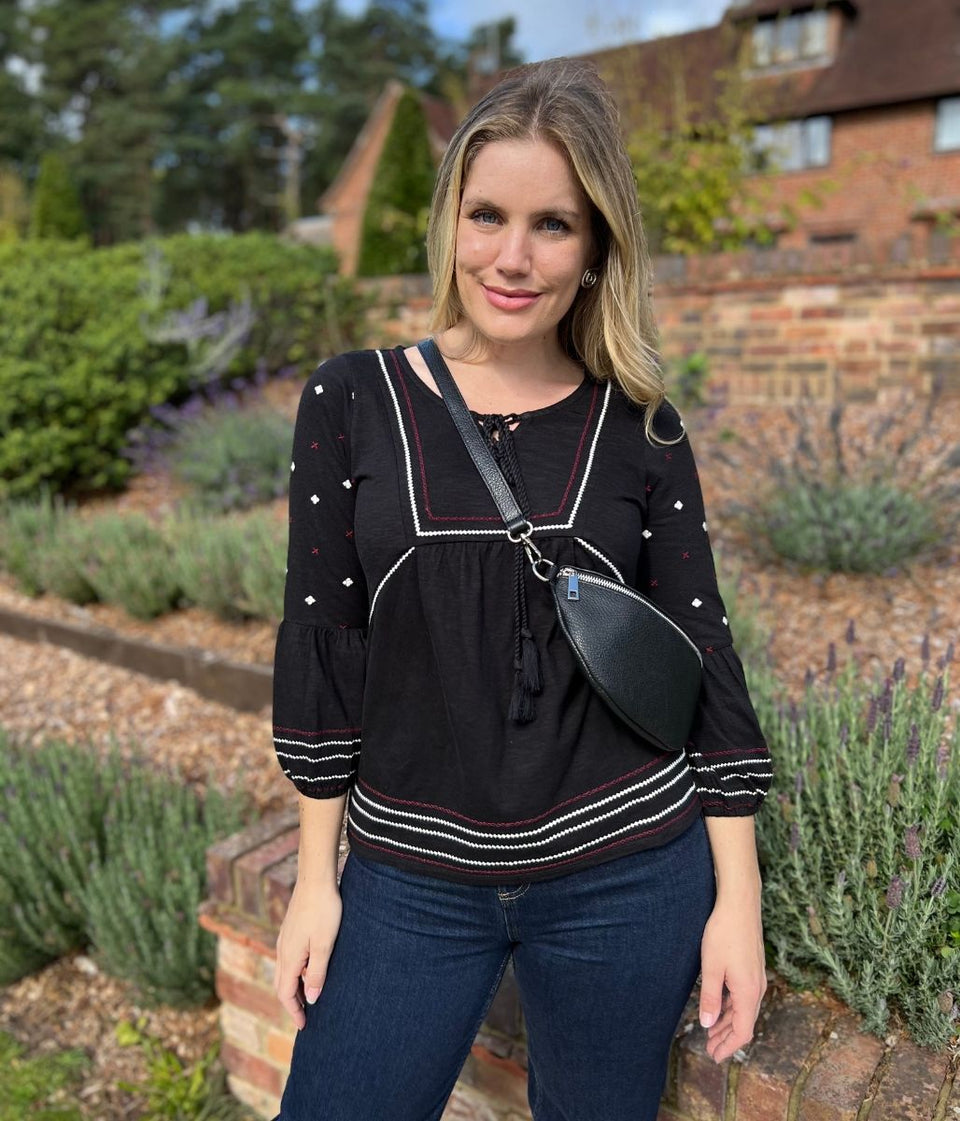 Black Embroidered Long Sleeve Boho Blouse