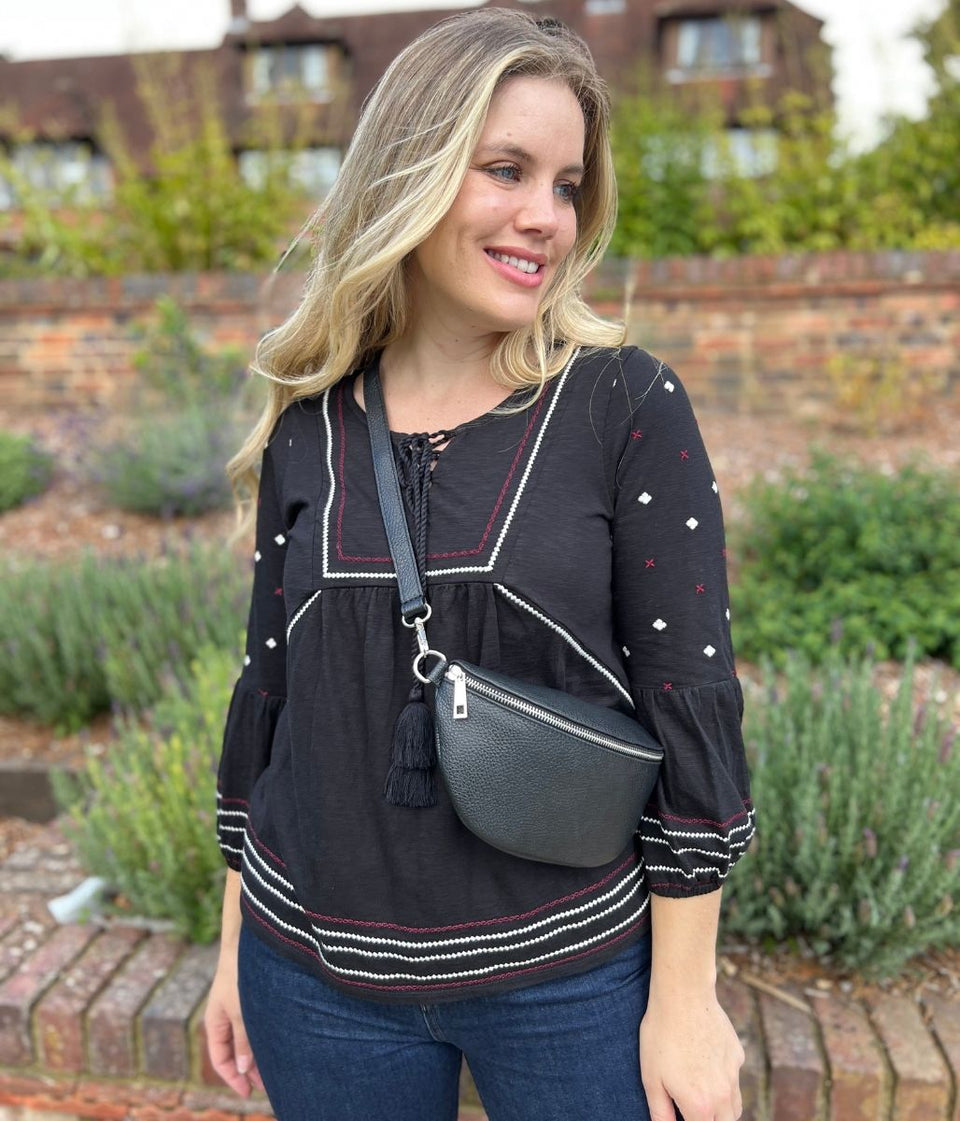 Black Embroidered Long Sleeve Boho Blouse