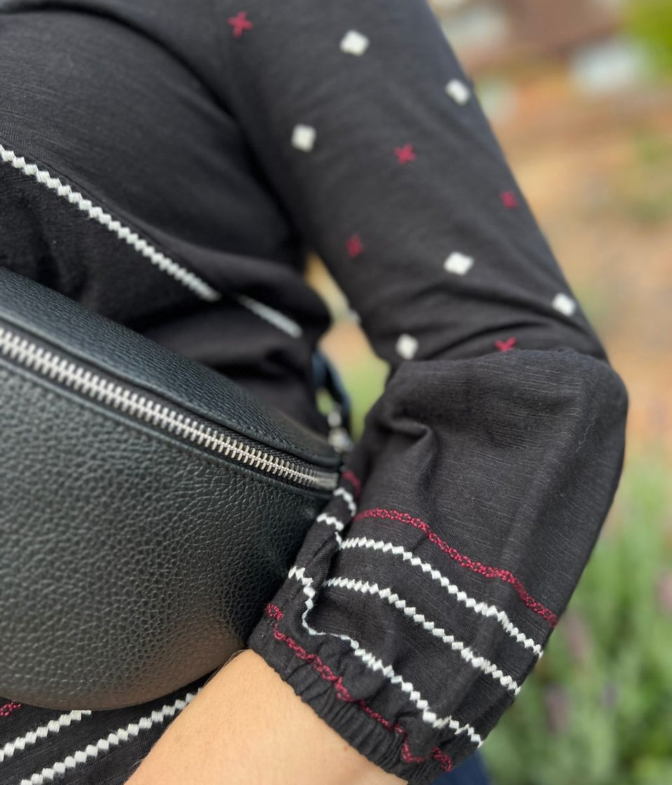 Black Embroidered Long Sleeve Boho Blouse