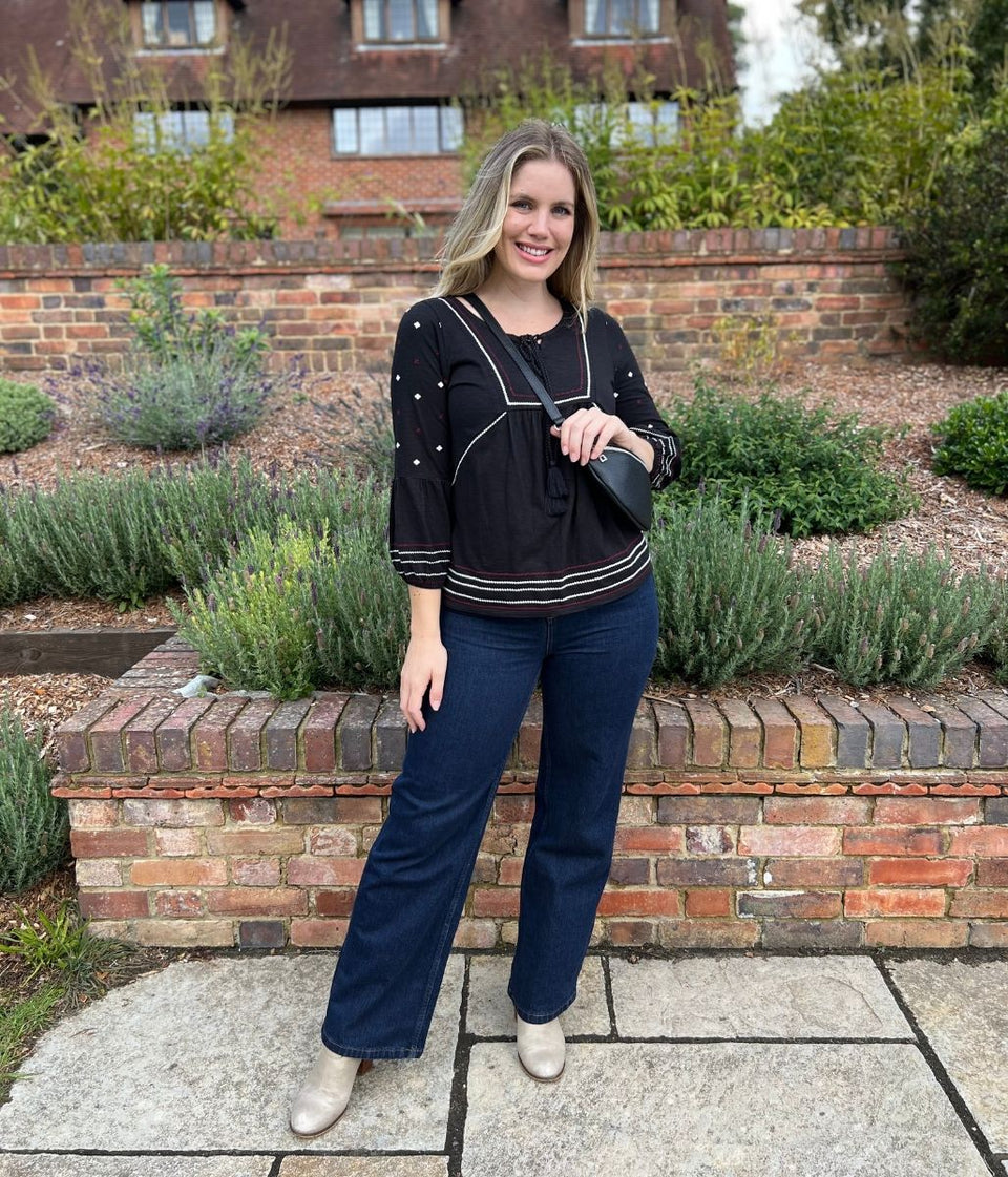 Black Embroidered Long Sleeve Boho Blouse