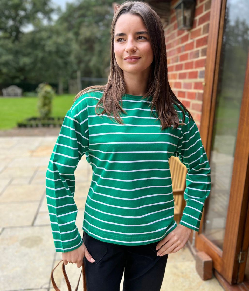 Green Striped Long Sleeve Cotton Top