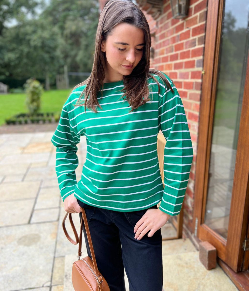 Green Striped Long Sleeve Cotton Top