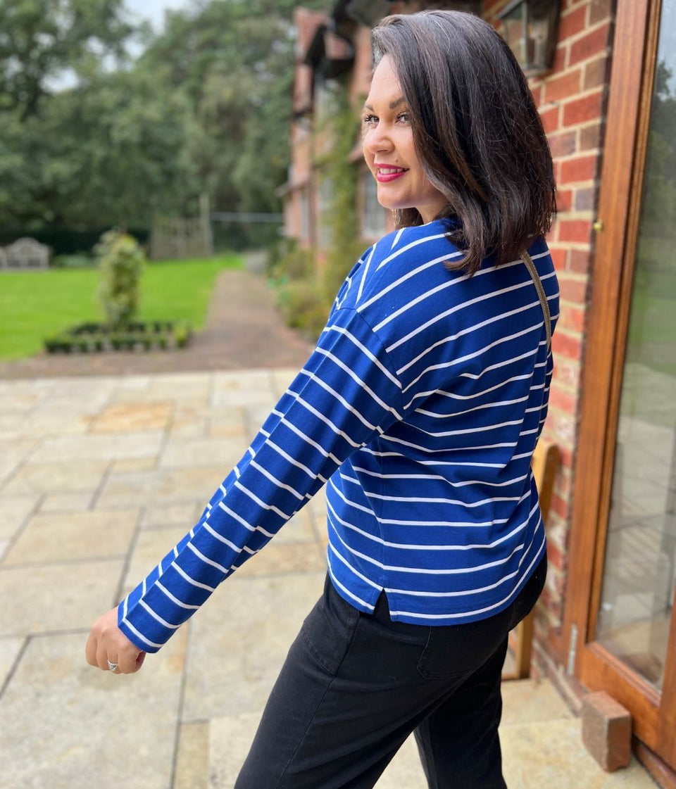 Blue Striped Long Sleeve Cotton Top