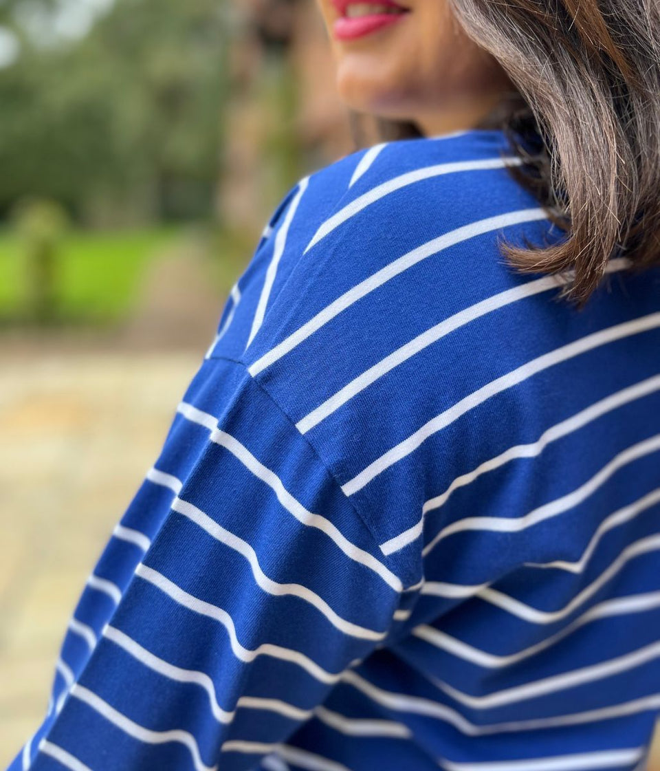 Blue Striped Long Sleeve Cotton Top