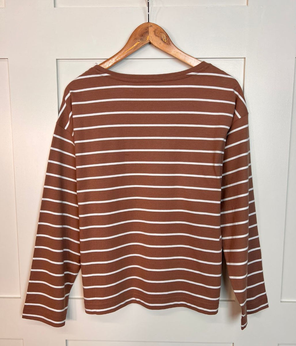 Brown Striped Long Sleeve Cotton Top