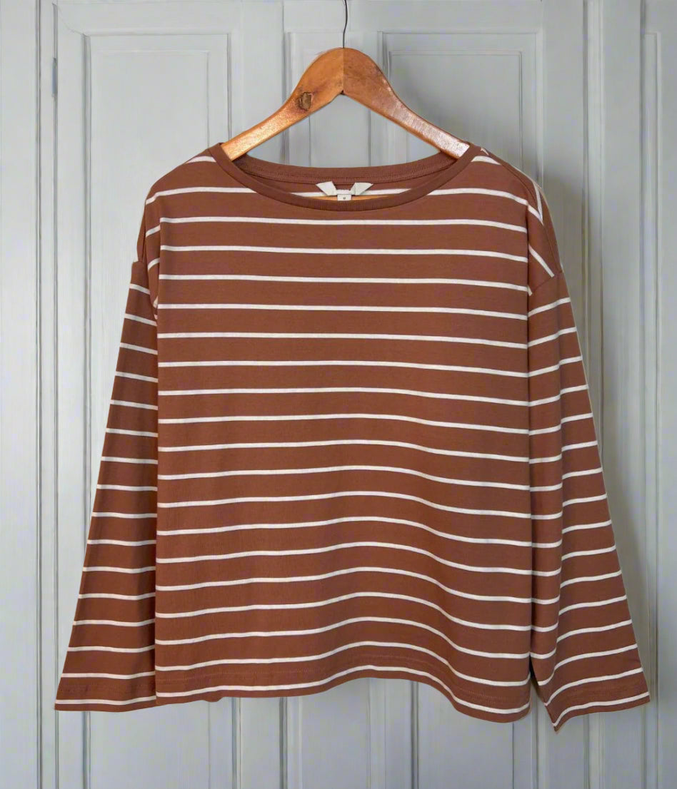 Brown Striped Long Sleeve Cotton Top