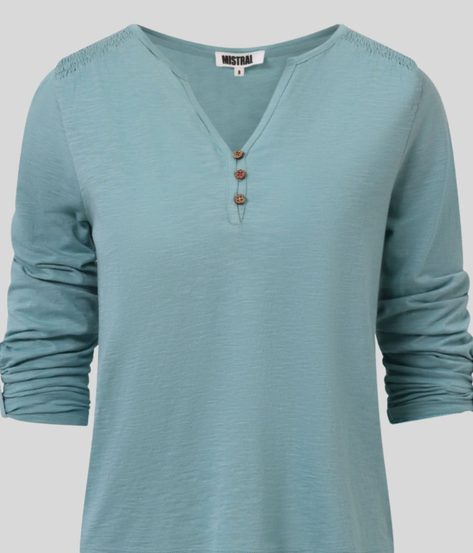 Mistral Aqua Smocked Shoulder Top
