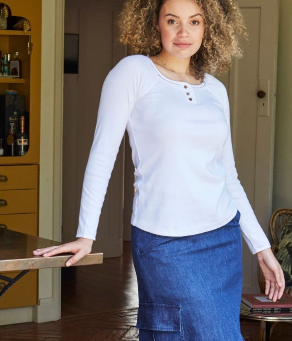 Mistral Ivory Long Sleeve Grandad Top